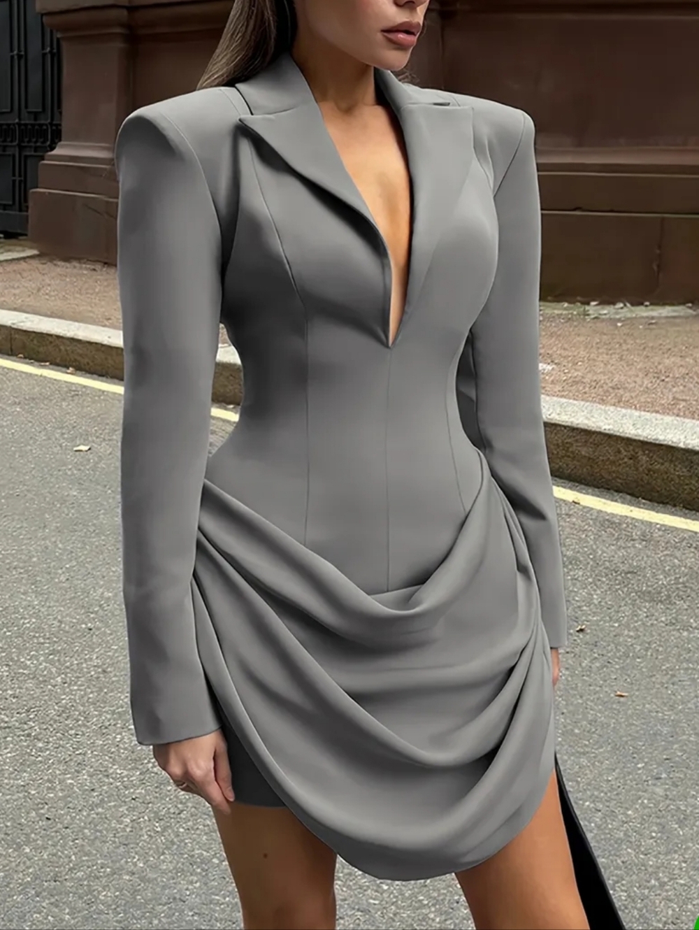 Tailored Draped Mini Dress in Gray
